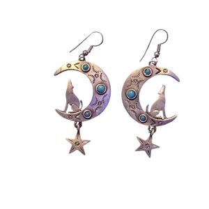 Silver Moon and Star Earrings with Turquoise Accents